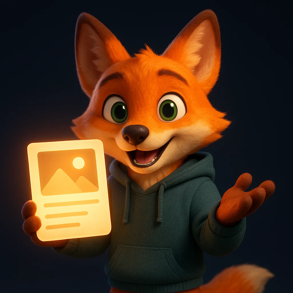 The FoxRadar fox mascot holding a glowing photo card with caption lines, pointing to it with a confident smile.