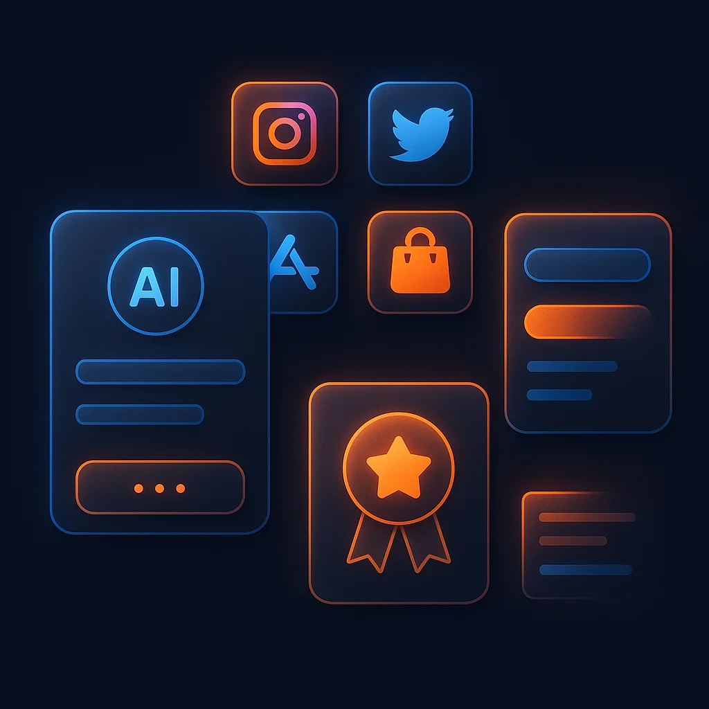 Concept illustration of glowing AI chat cards and search result tiles floating on a dark background.