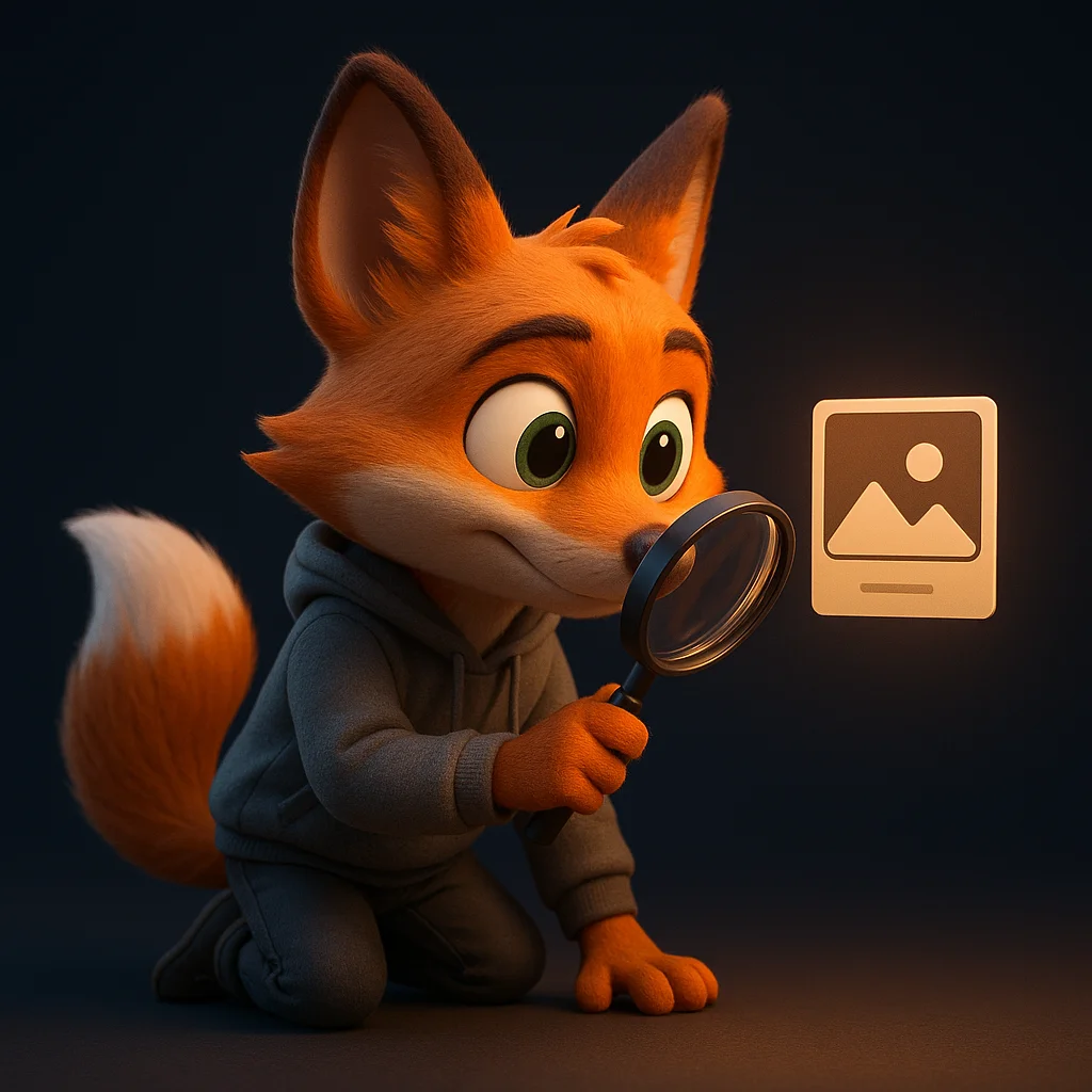 The FoxRadar fox mascot kneeling and inspecting a labeled photo file with a magnifying glass.