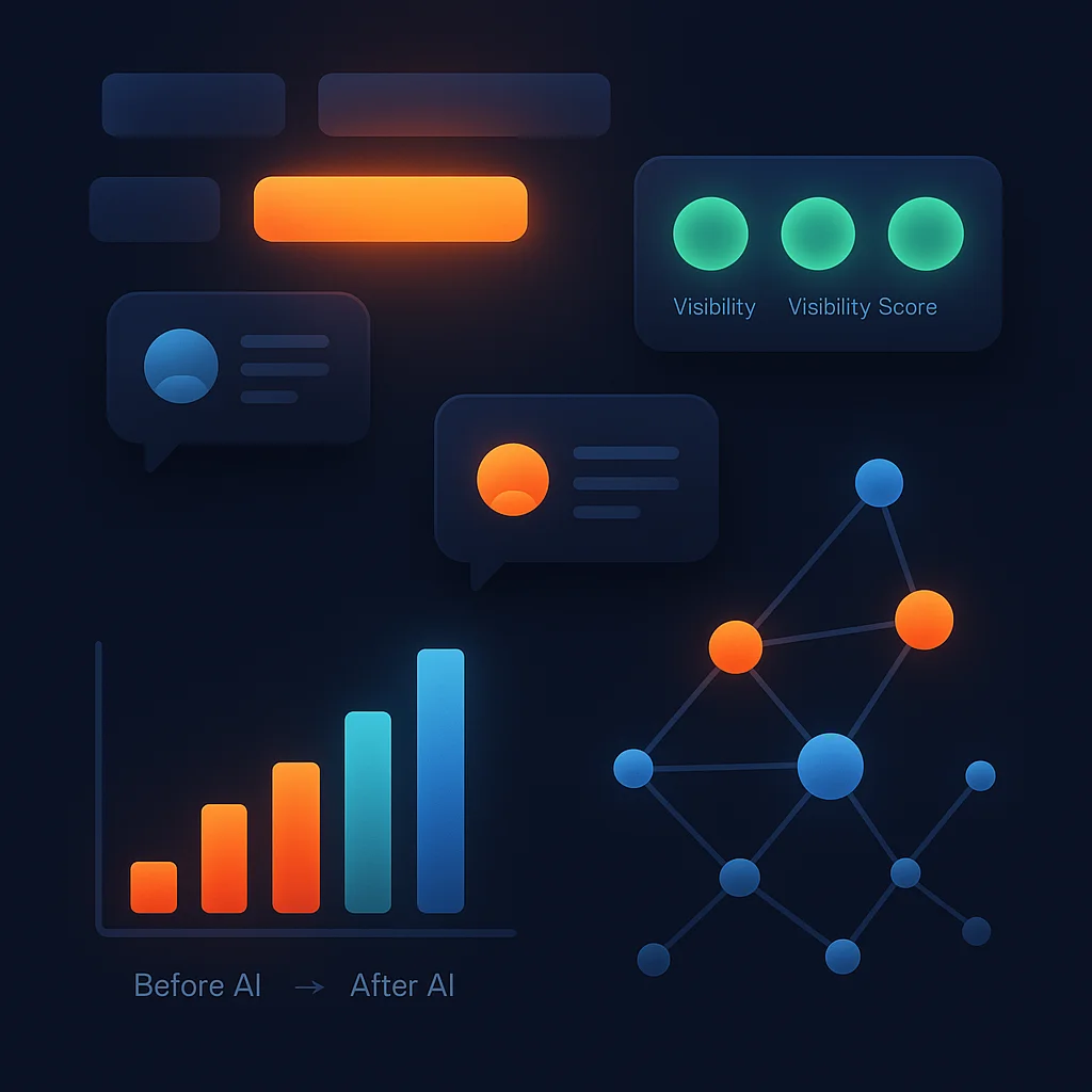 Concept illustration of a dashboard with visibility scores and colorful charts on a dark background.