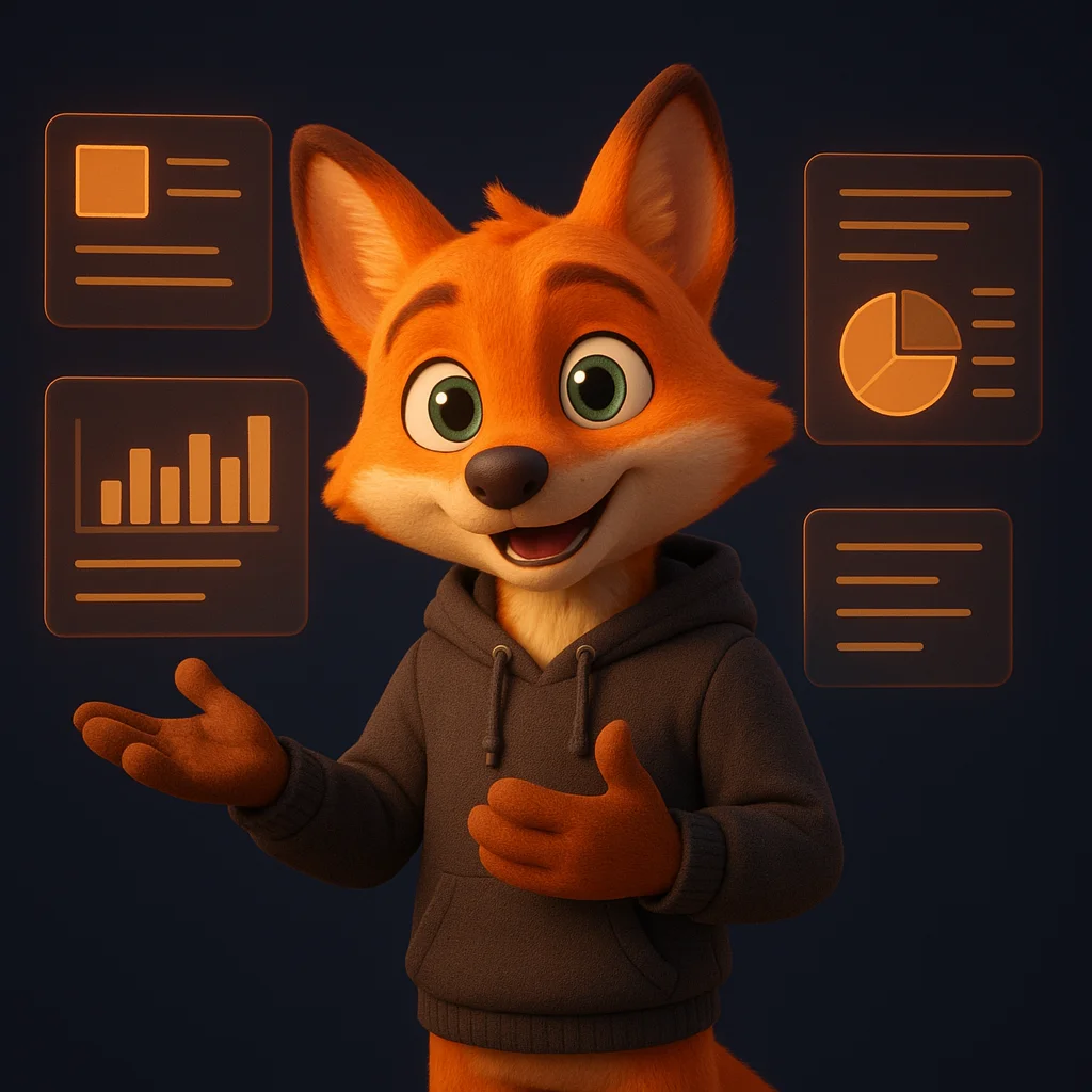 The FoxRadar fox mascot stands and points at floating data panels, explaining which facts to mark up.