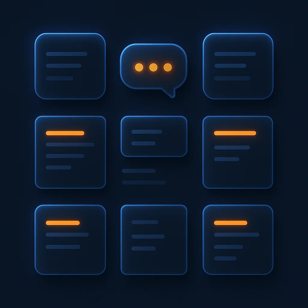 A clean concept illustration of glowing interface cards that represent structured data fields on a dark background.