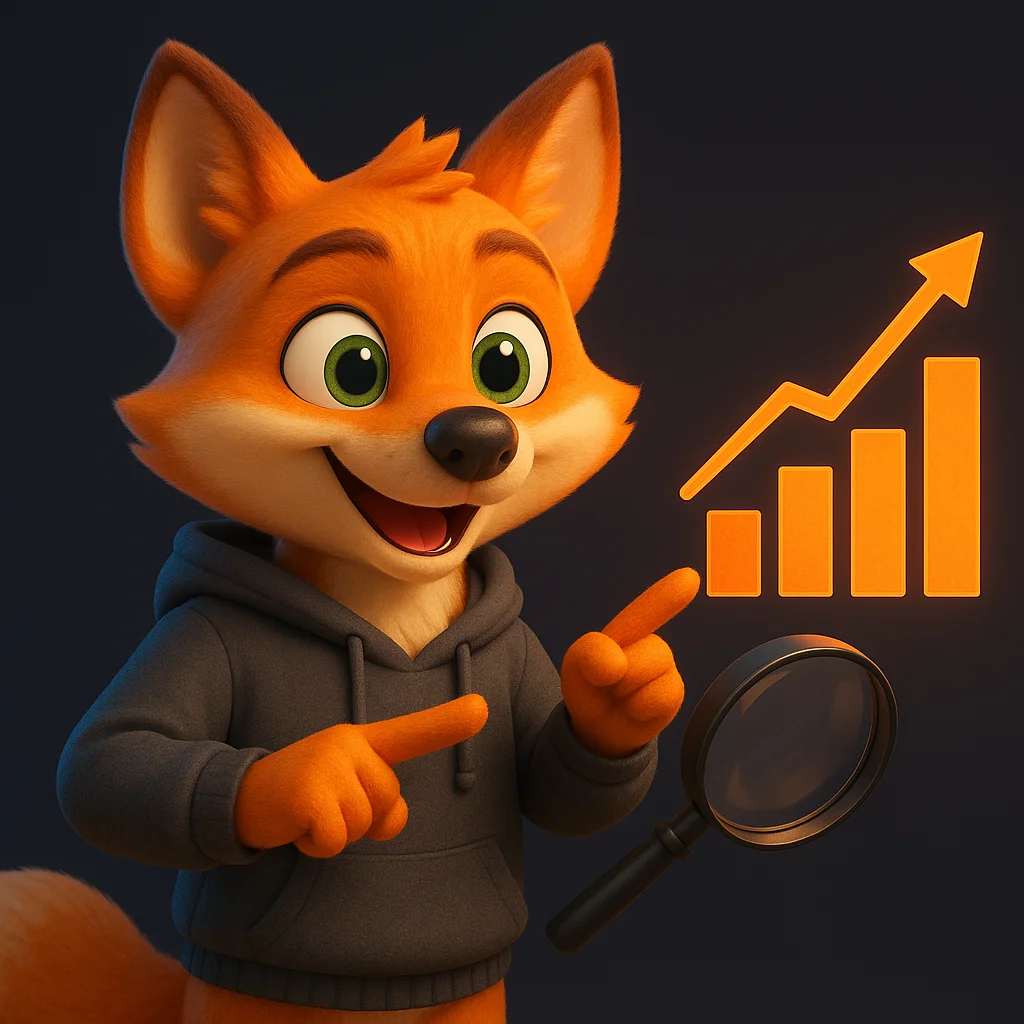 The FoxRadar fox mascot holds a magnifying glass toward a rising chart, showing improvement after adding structured data.