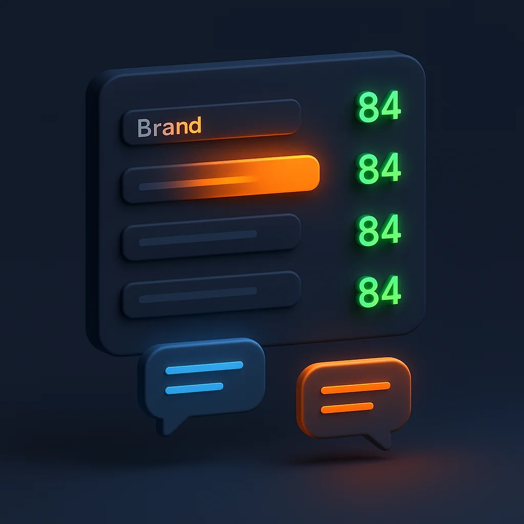 A clean concept illustration of a dashboard with bright visibility scores and a brand name glowing stronger than others.