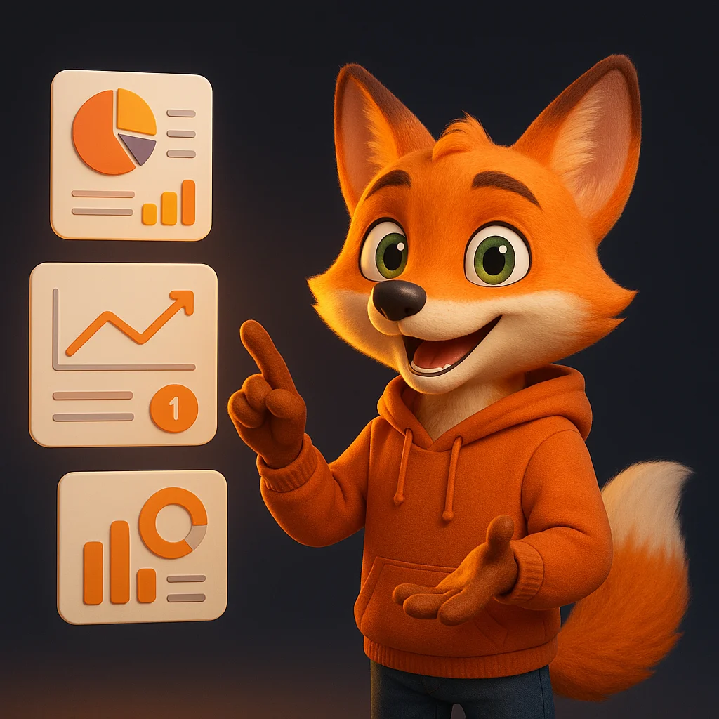 The FoxRadar fox mascot standing and pointing at floating data cards that show simple charts and numbers.
