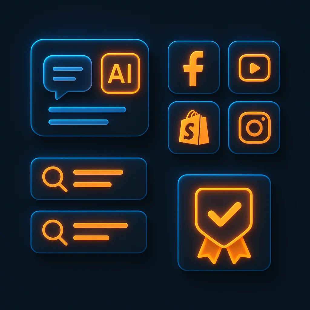 A clean concept illustration of glowing interface cards arranged in a grid, each card shaped like a case study preview with charts and image frames.