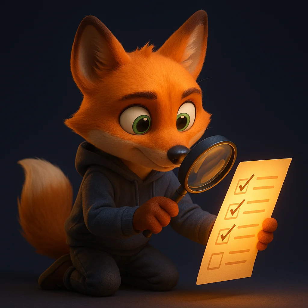 The FoxRadar fox mascot holding a glowing document and inspecting a checklist closely, with a focused expression.