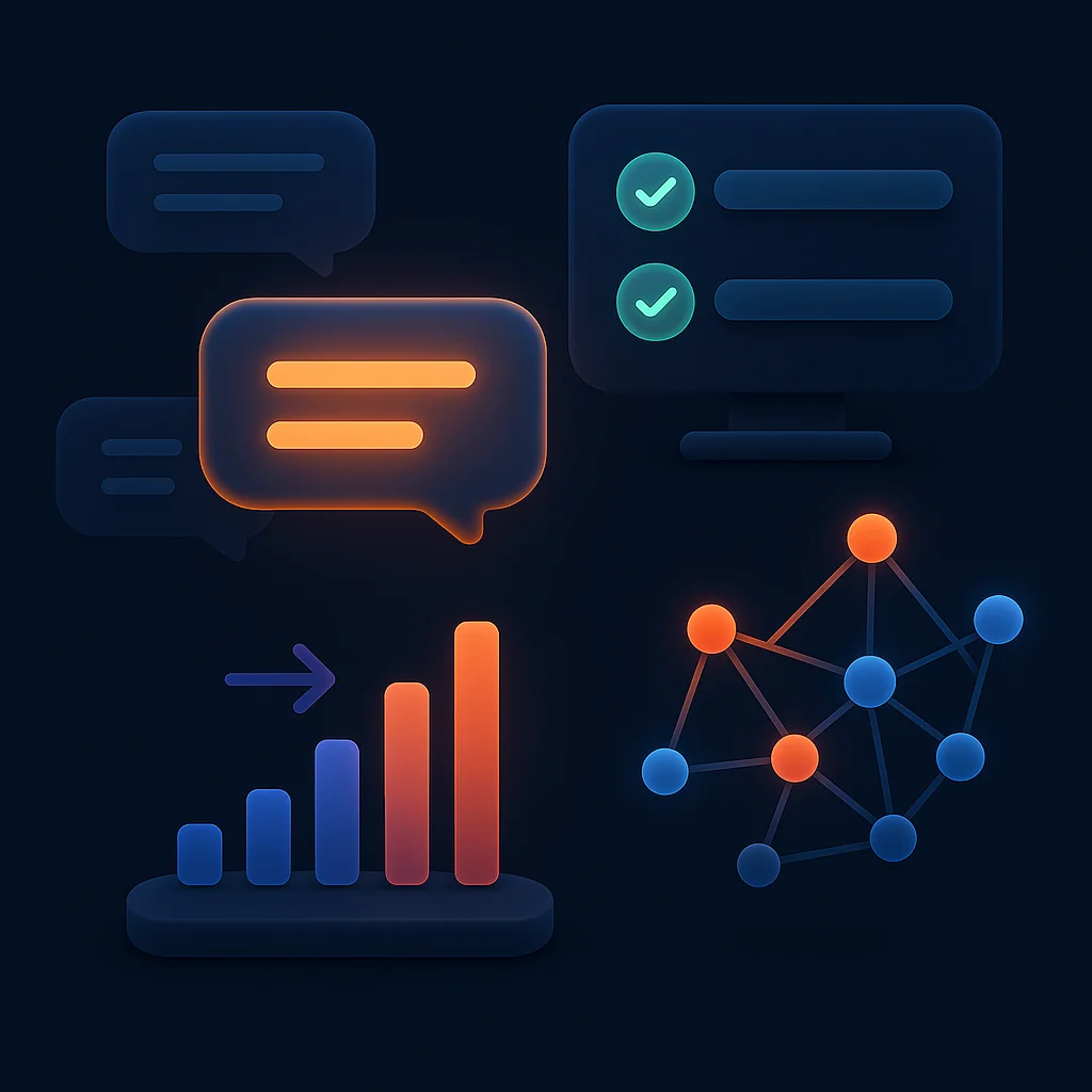 A clean concept illustration of a dashboard with visibility scores and a bright brand highlight above faded competitors.