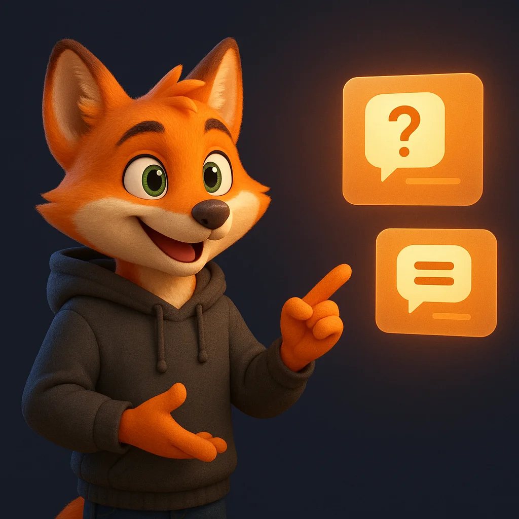 The FoxRadar fox mascot pointing at floating question-and-answer cards, guiding the reader to focus on clear FAQs.