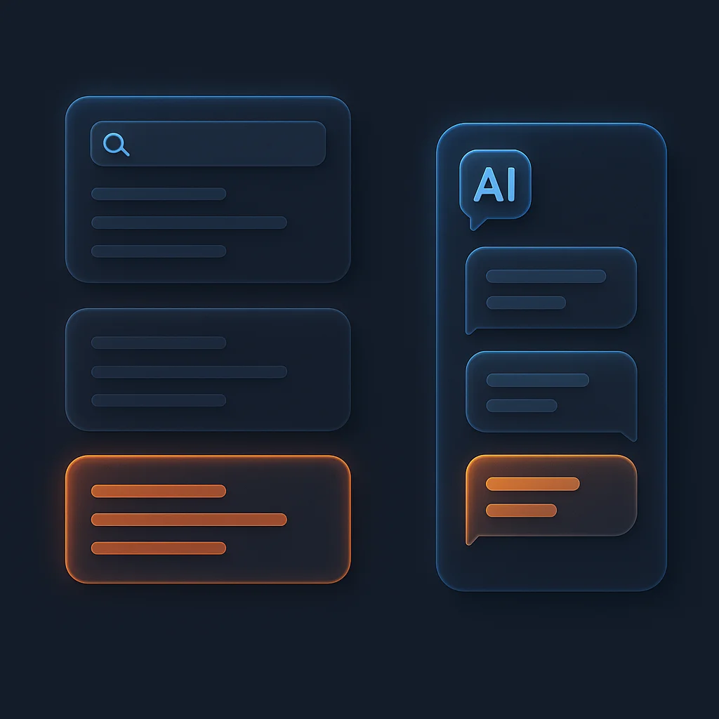 A clean concept illustration of glowing AI chat interface cards and search results without any text.