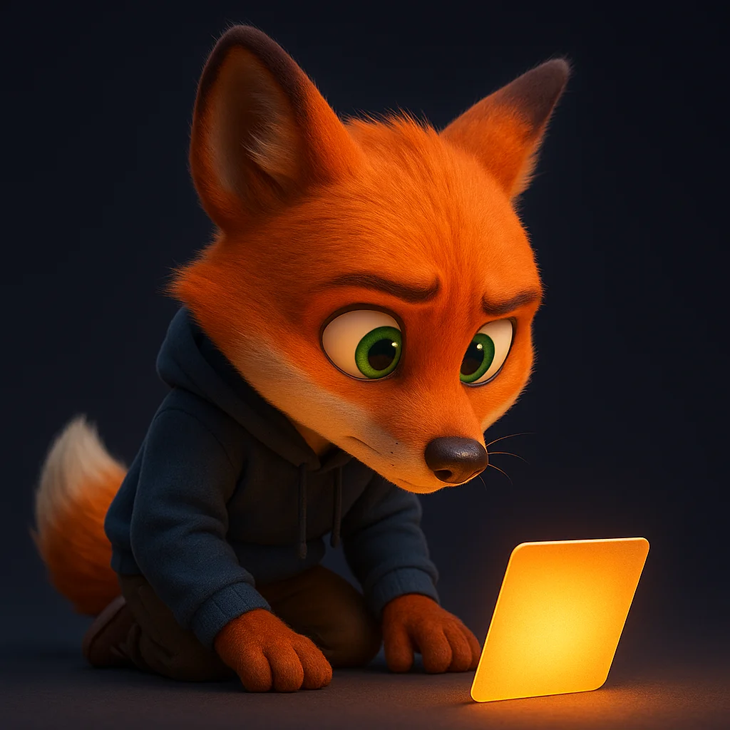 The FoxRadar fox mascot kneeling and inspecting a glowing FAQ card closely, showing careful structure and clarity.