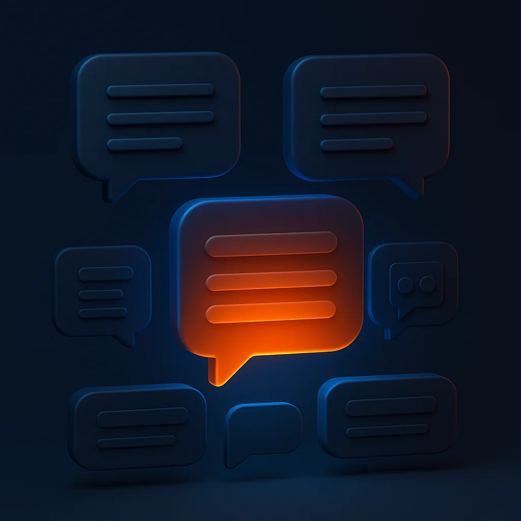 A clean concept illustration of a brand name glowing brighter than competitors above AI chat bubbles, showing strong visibility.