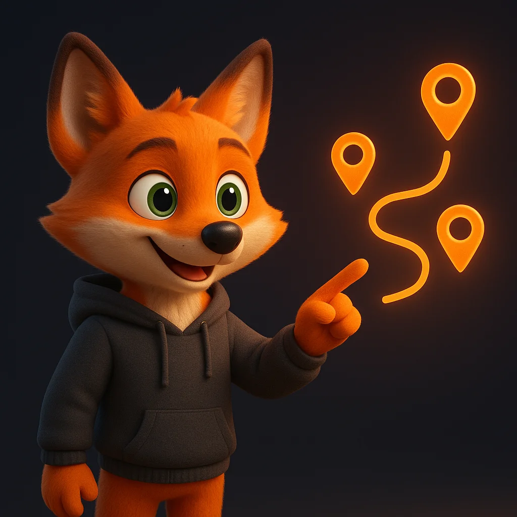 The FoxRadar fox mascot stands and points at floating map pins and route lines, showing how to guide people to the right location.