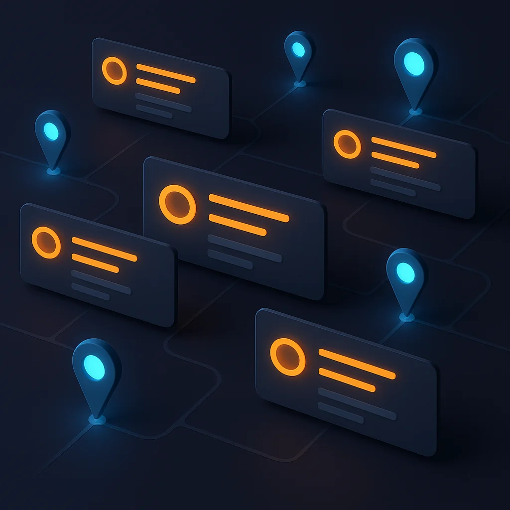 A clean concept illustration of glowing search and map result cards with pins and paths on a dark background.