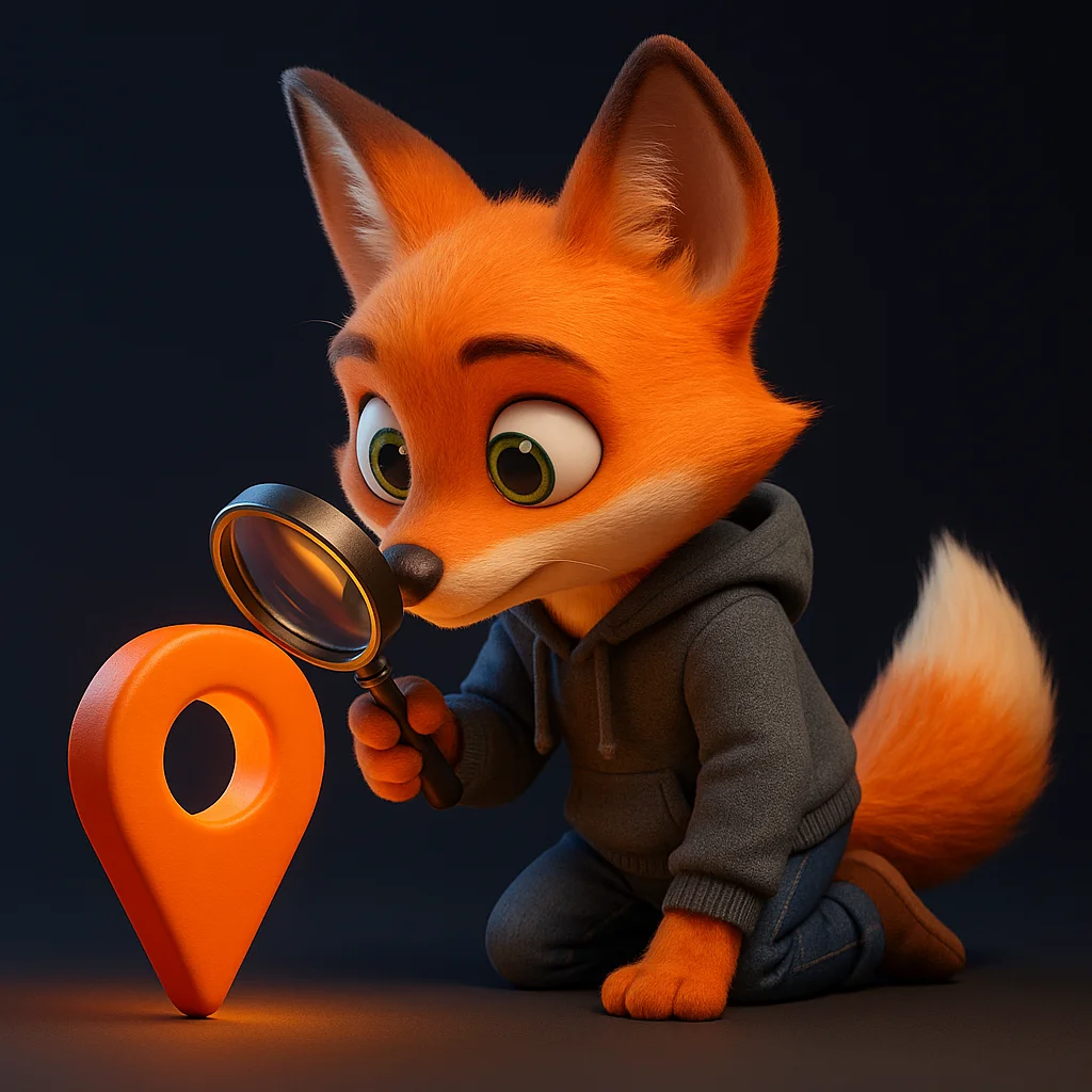 The FoxRadar fox mascot holds a magnifying glass and examines a bright map pin up close, focusing on unique location details.