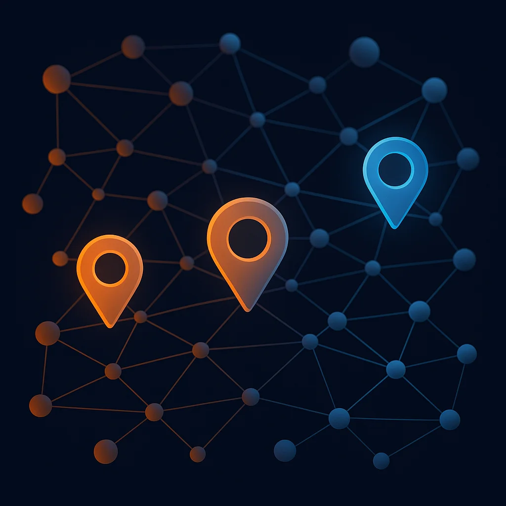 A clean concept illustration of interconnected glowing nodes representing location data and citations on a dark background.