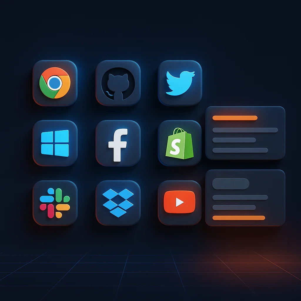 A clean concept illustration of floating search and social profile cards glowing on a dark background, no characters