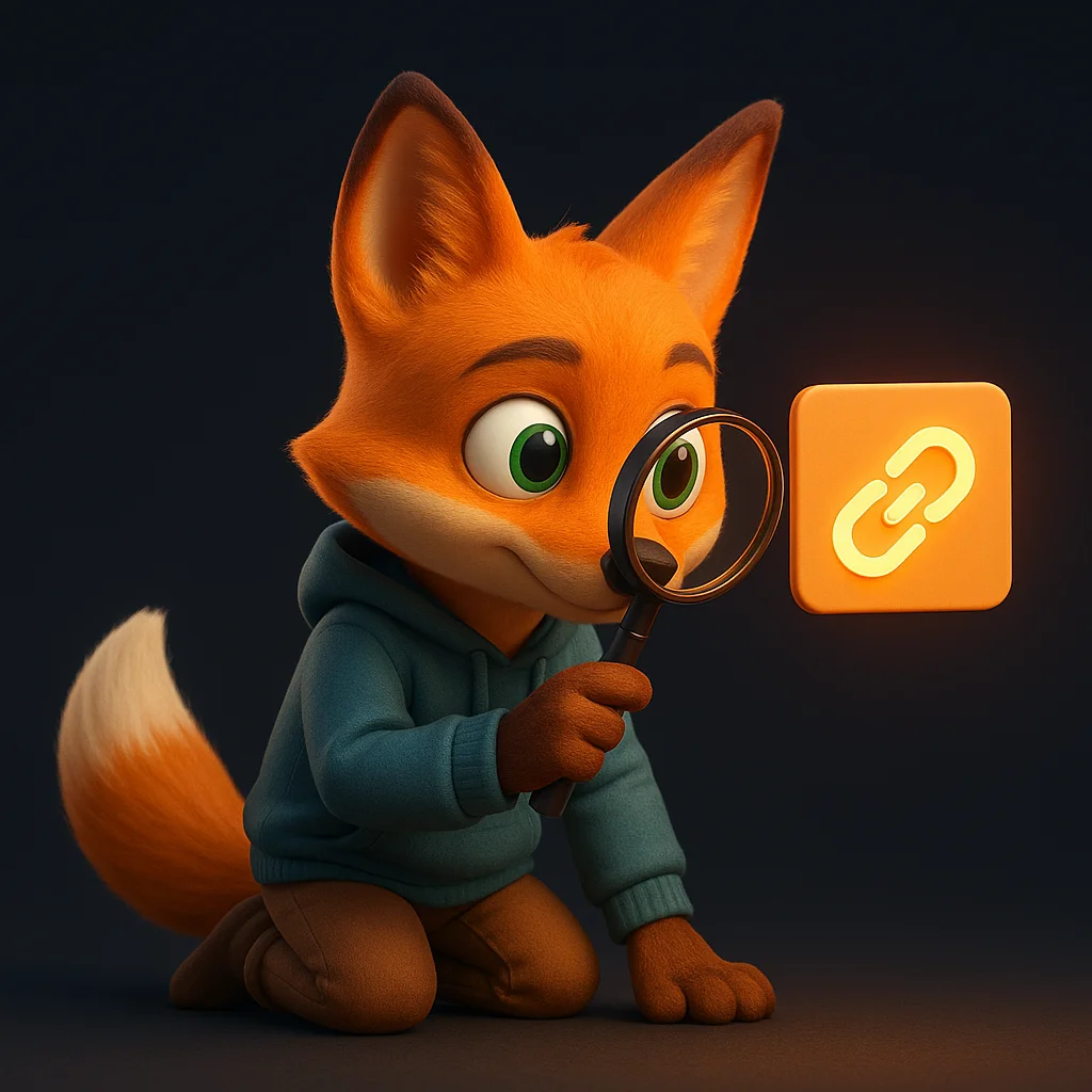The FoxRadar fox mascot kneeling and inspecting a floating link with a magnifying glass, showing careful verification