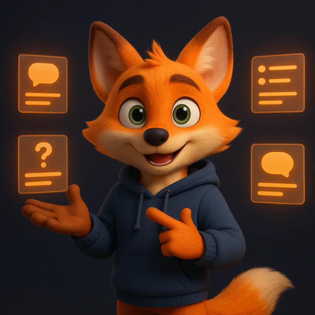 The FoxRadar fox mascot stands and points at floating data cards that represent common customer questions.