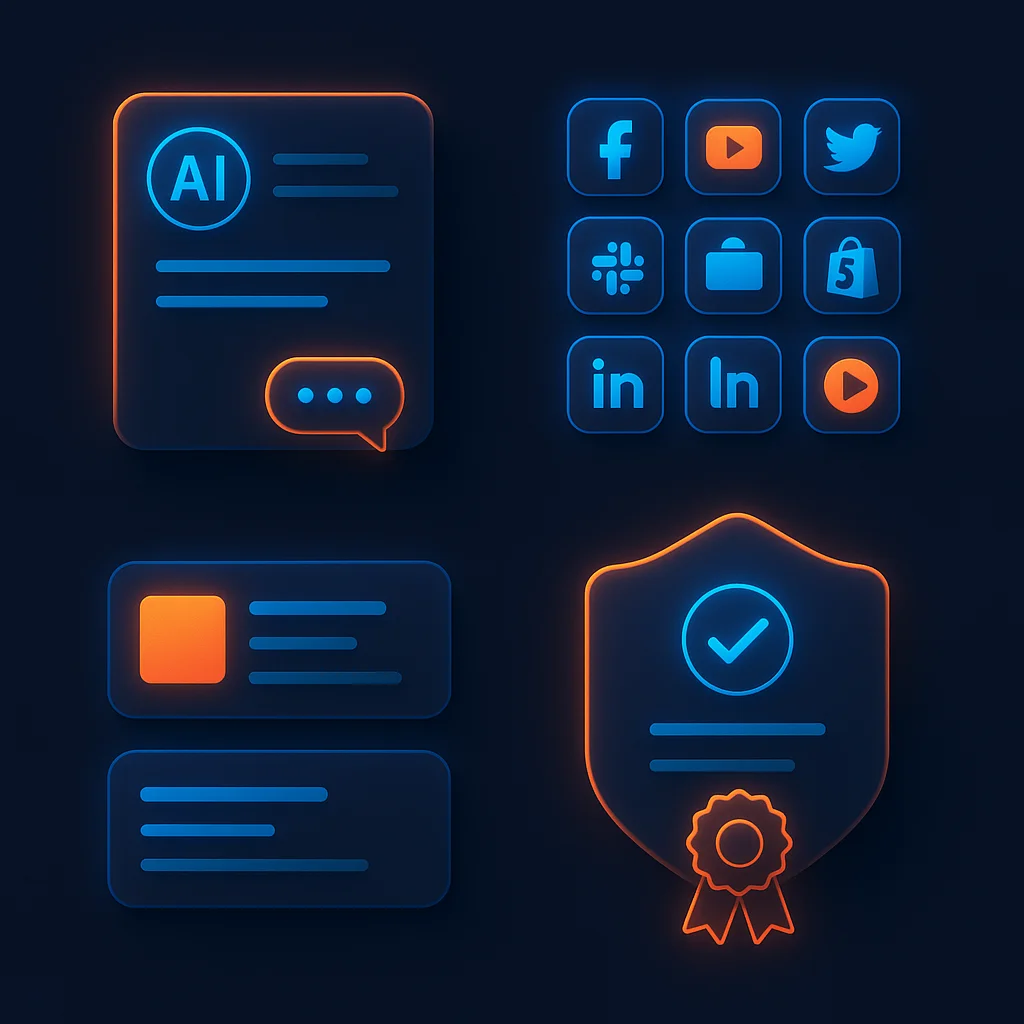 A clean concept illustration showing glowing AI chat interface cards and abstract FAQ tiles on a dark background.