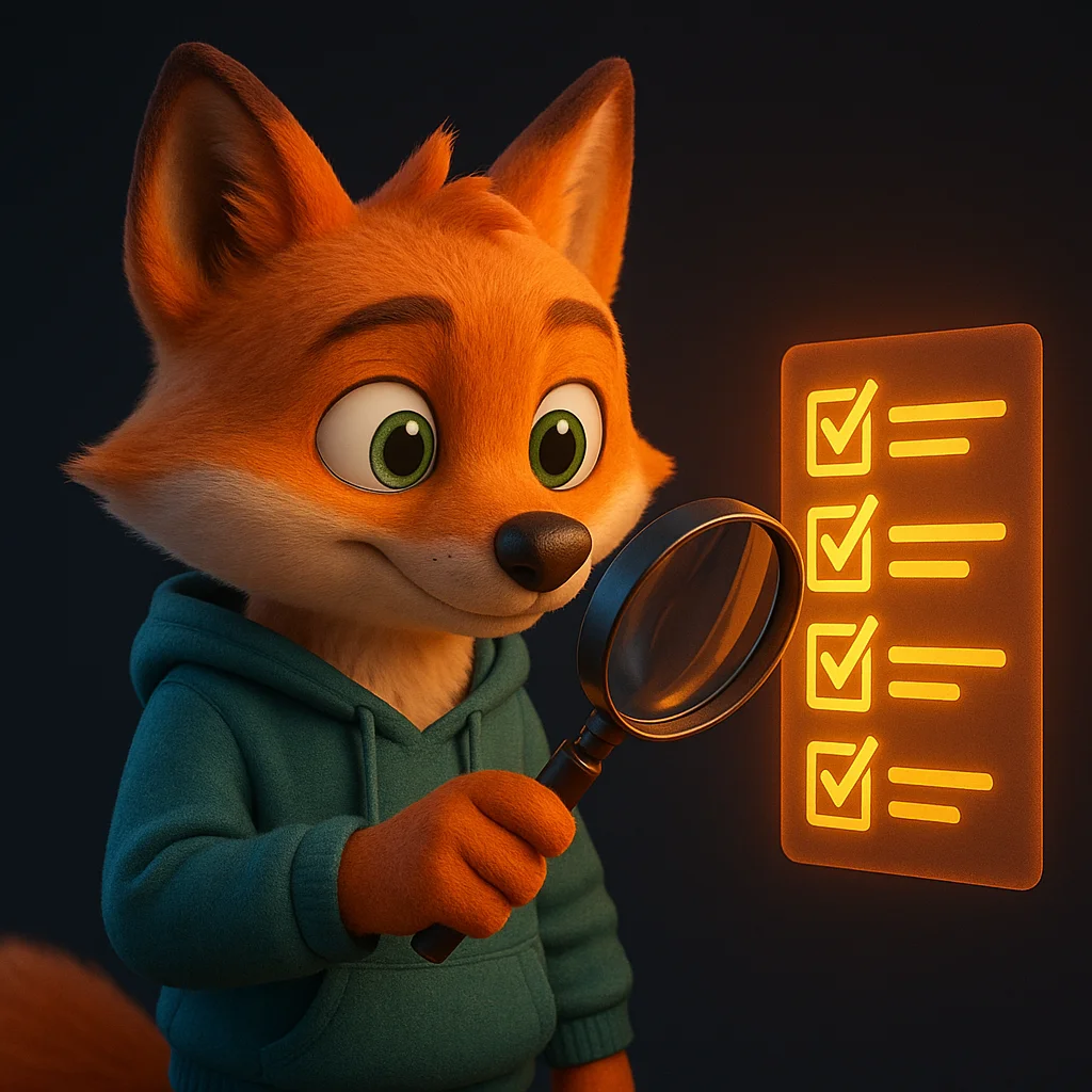 The FoxRadar fox mascot holds a magnifying glass and inspects a simple checklist with glowing markers.