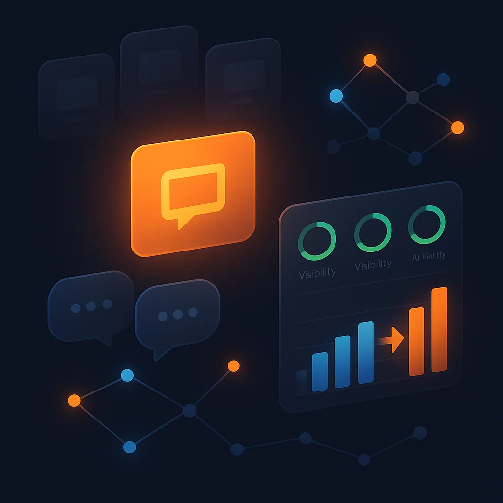 A clean concept illustration of a bright dashboard with abstract visibility gauges and chat bubbles, one card glowing stronger than others.