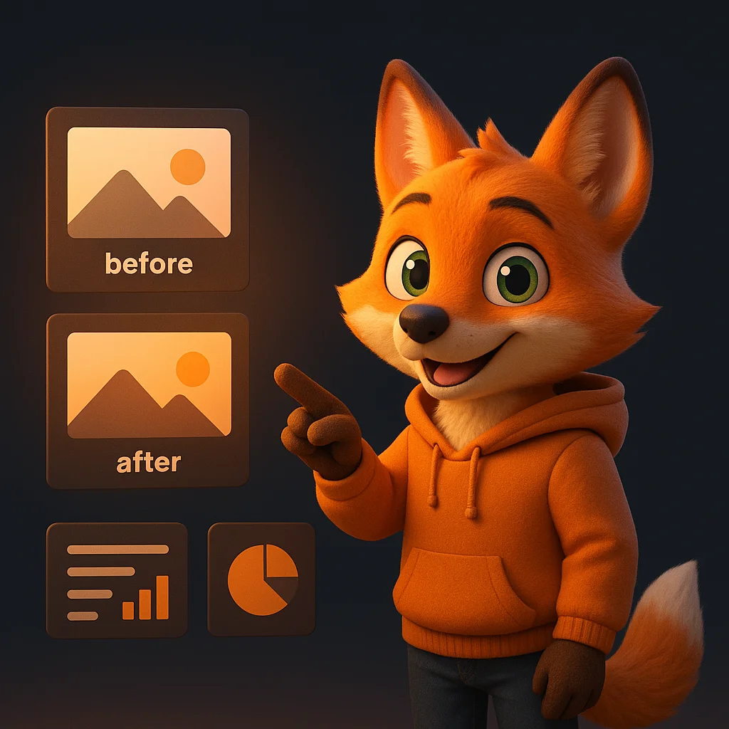 The FoxRadar fox mascot pointing at floating before-and-after panels and simple data cards.