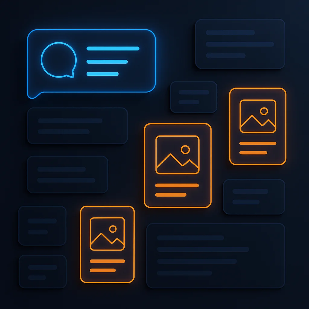 A clean concept illustration of glowing image panels and search result cards without any text or characters.