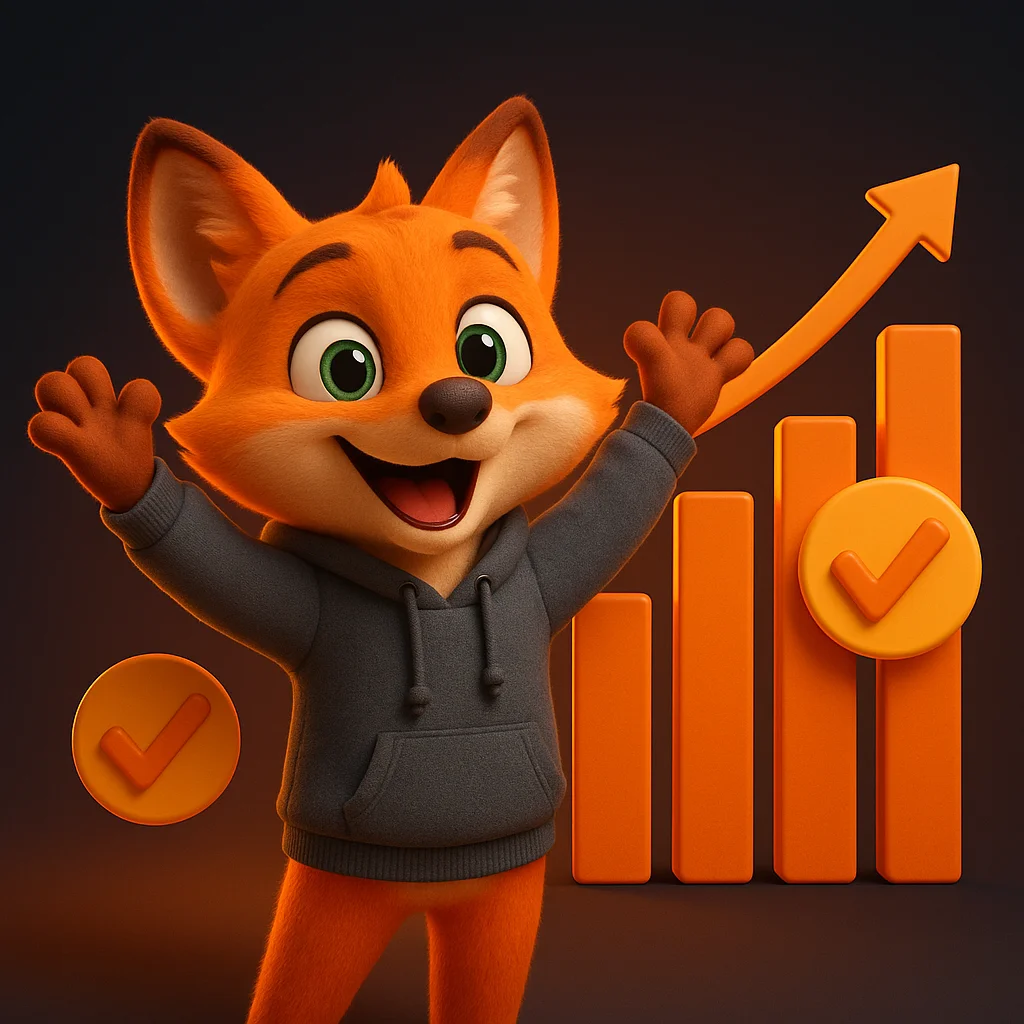 The FoxRadar fox mascot celebrating with arms raised in front of a rising chart and checked items.