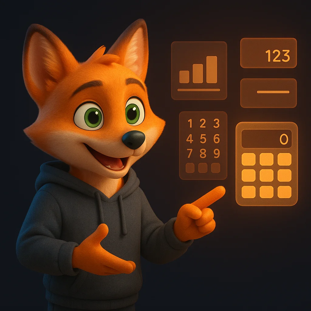 The FoxRadar fox mascot stands and points at floating calculator data with a confident smile.