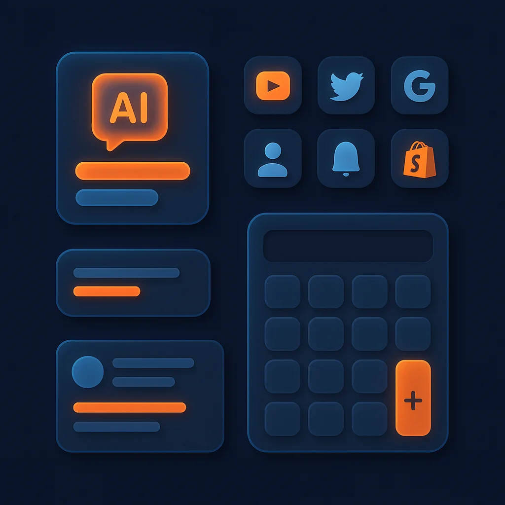 A clean 3D concept illustration of glowing calculator interface cards and search result panels on a dark background.