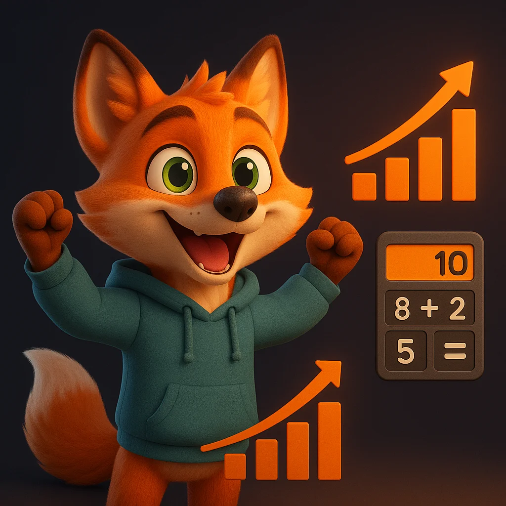 The FoxRadar fox mascot raises arms in a small celebration next to a rising chart and solved example numbers.
