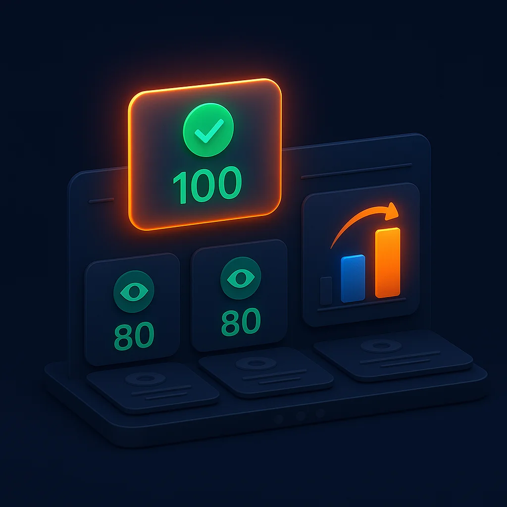 A clean 3D concept illustration of a dashboard with visibility scores and a bright brand result above dim competitors.