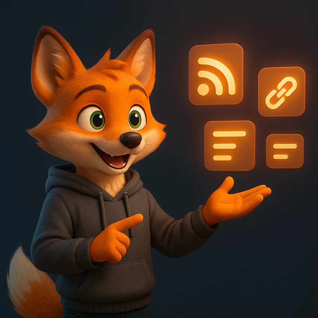 The FoxRadar fox mascot stands and points at floating data cards, guiding the reader to create simple data feeds.