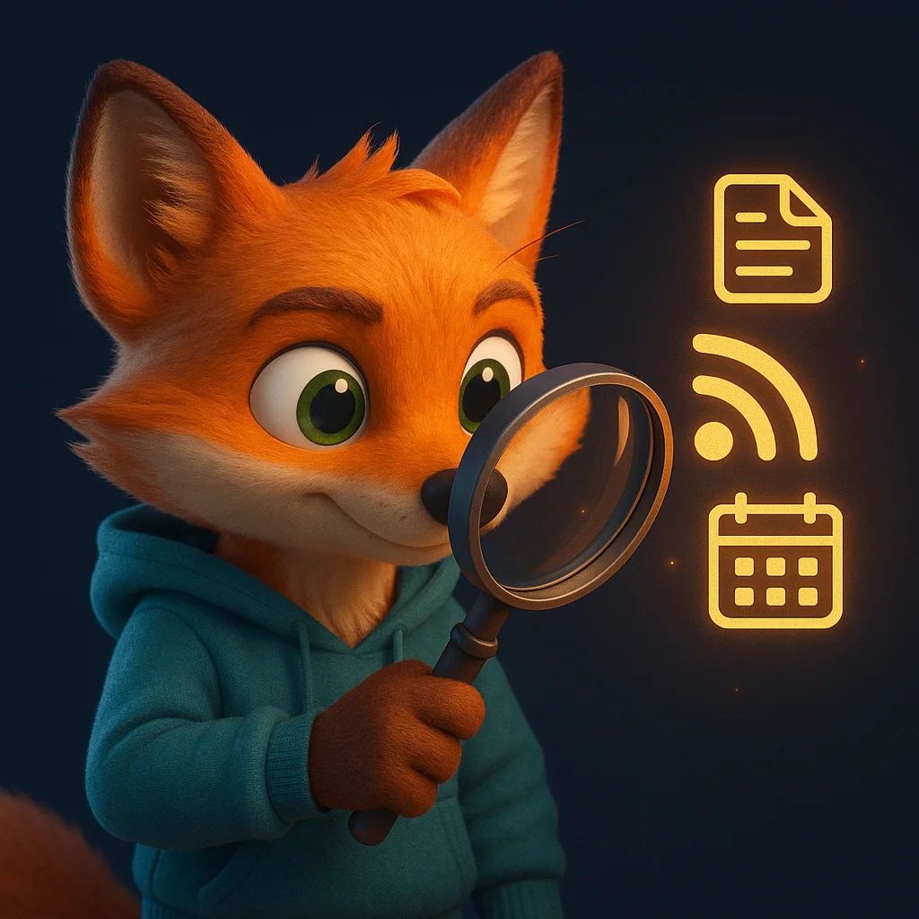 The FoxRadar fox mascot holds a large magnifying glass, inspecting linked feed icons that represent site data.