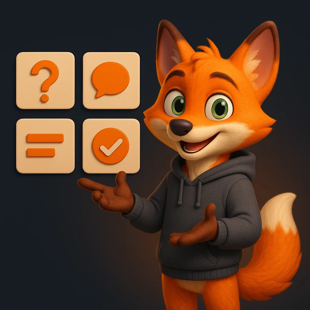 The FoxRadar fox mascot stands and points at floating Q&A cards, explaining why an FAQ page matters.
