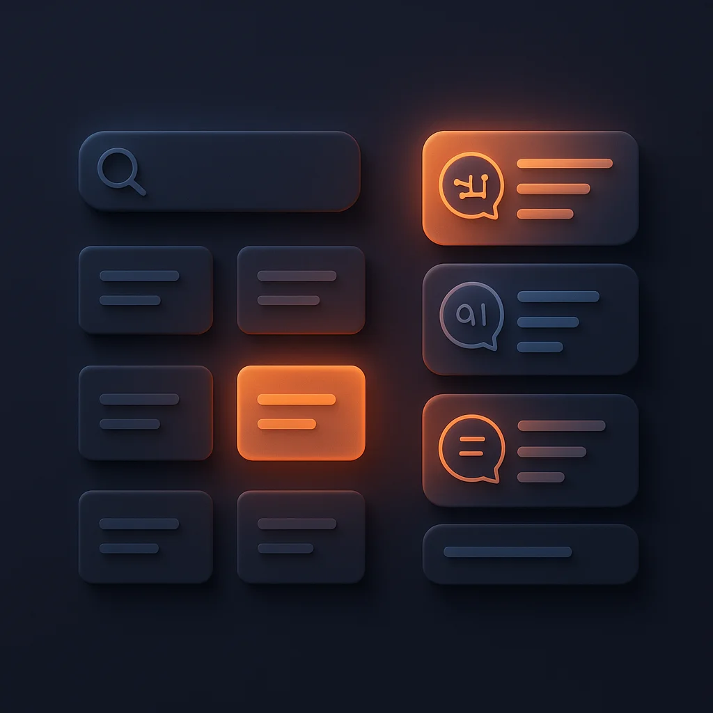 A clean concept illustration of glowing AI chat interface cards lined up on a dark background.