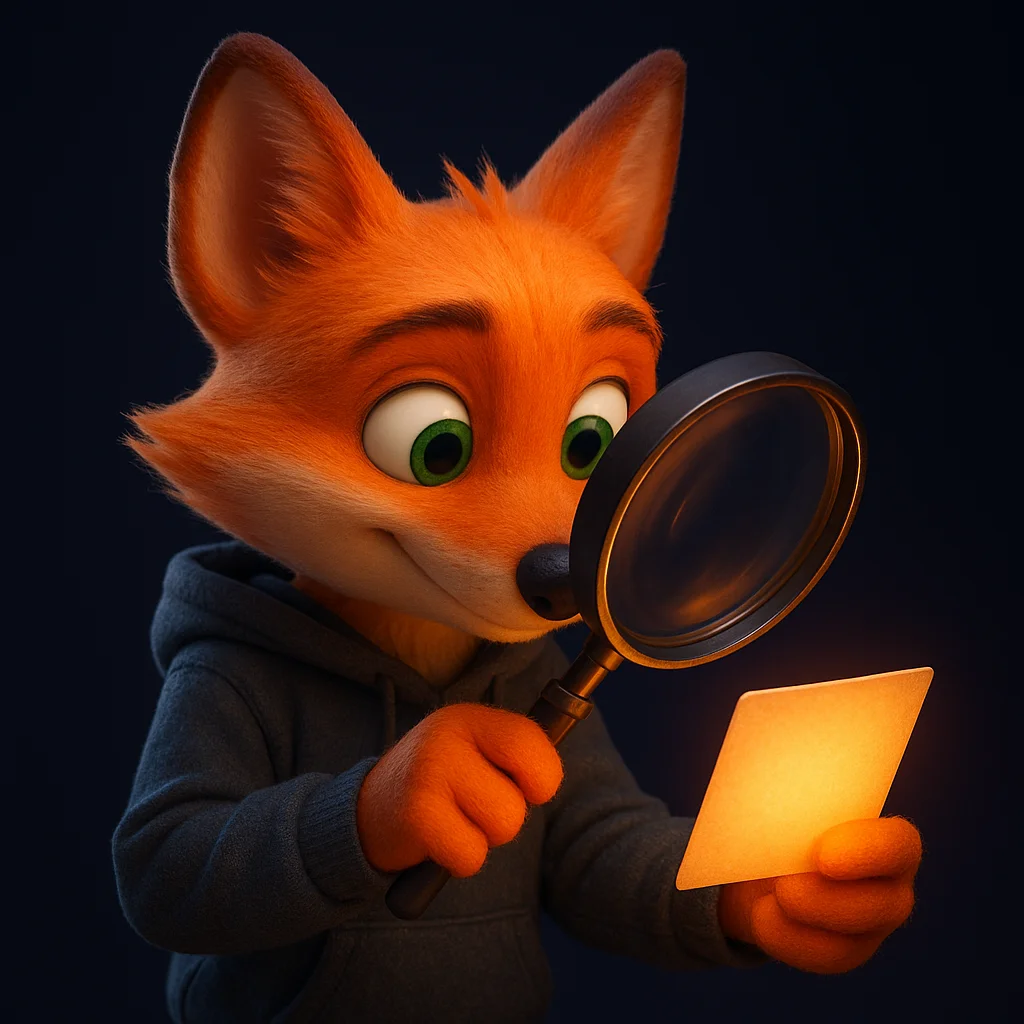 The FoxRadar fox mascot holds a magnifying glass to a short answer on a glowing card, focusing on clarity.