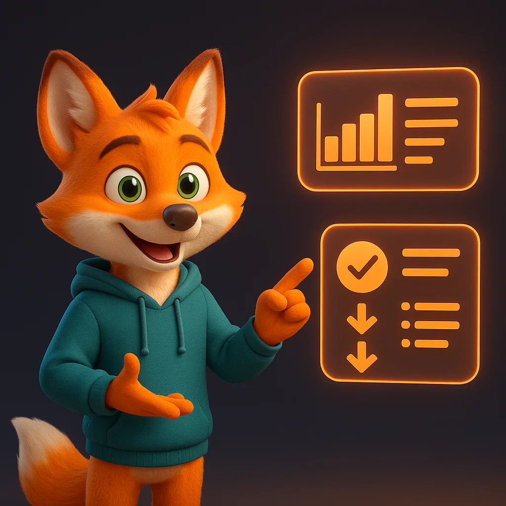 The FoxRadar fox mascot stands and points at floating data panels, explaining how to fix wrong brand info.