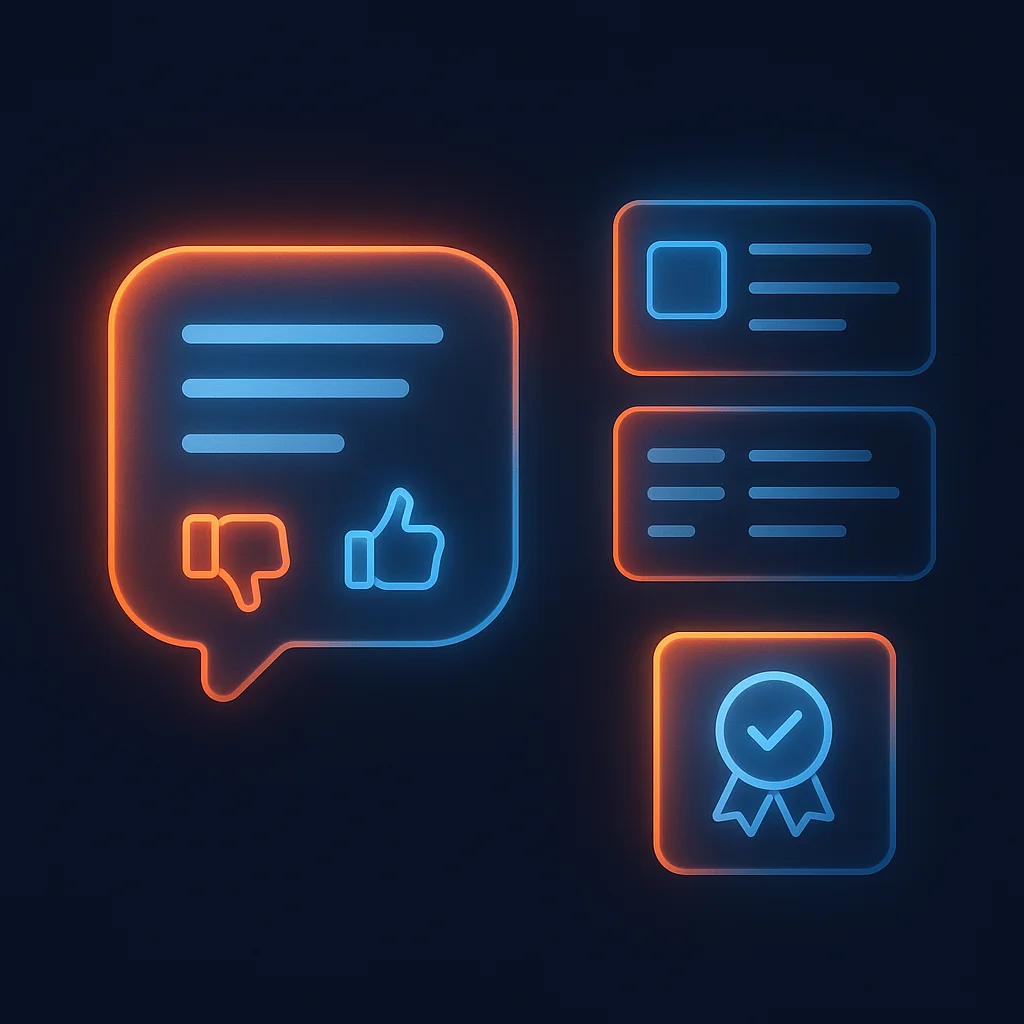 A clean concept illustration of glowing AI chat interface cards and feedback buttons on a dark background.