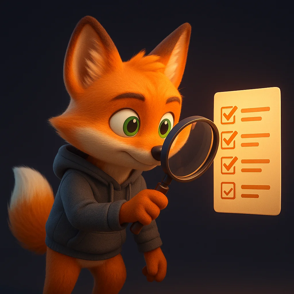 The FoxRadar fox mascot holds a magnifying glass over a short checklist, inspecting details closely.