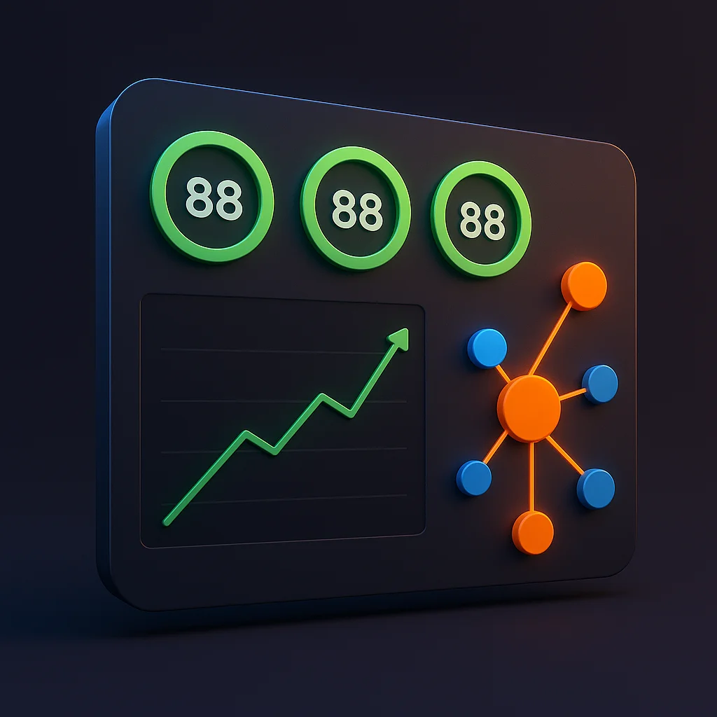 A clean concept illustration of a dashboard with rising visibility scores and green status indicators.
