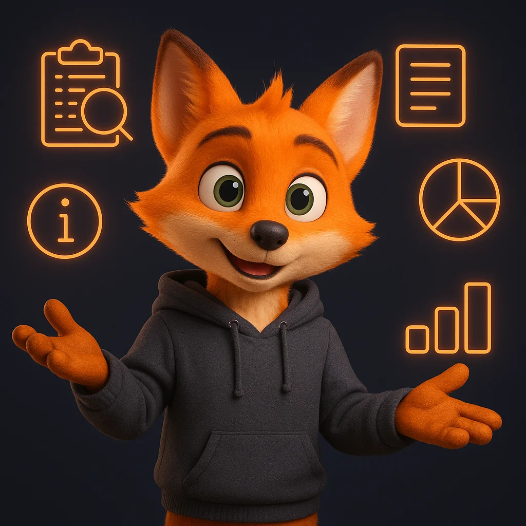 The FoxRadar fox mascot standing and pointing at floating glossary terms with a friendly, teaching pose.