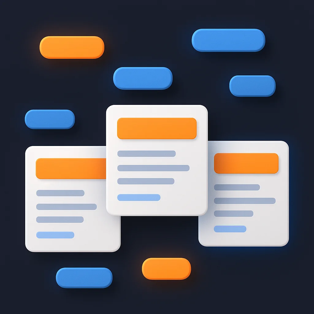 A clean concept illustration of glowing AI search result cards and keyword chips on a dark background, without the fox.
