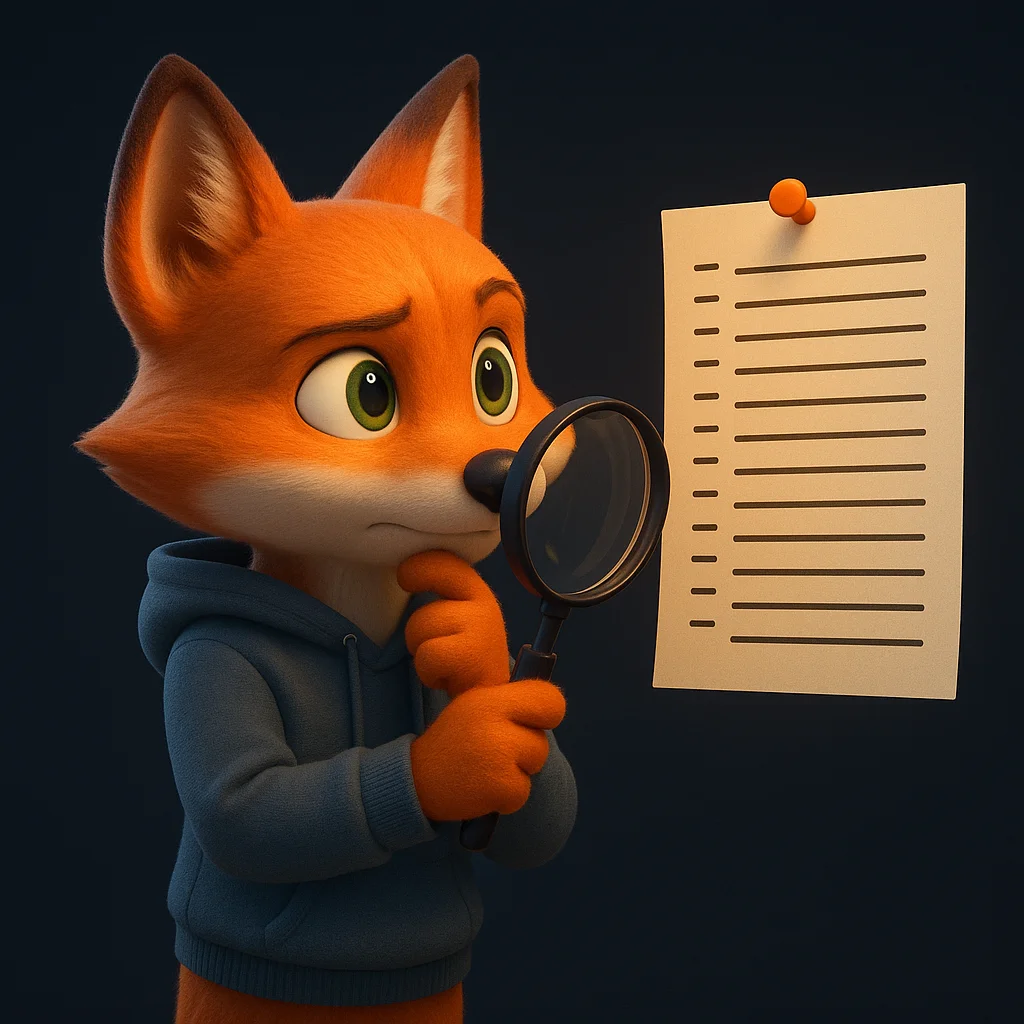 The FoxRadar fox mascot holding a magnifying glass and inspecting a list of terms with a focused expression.