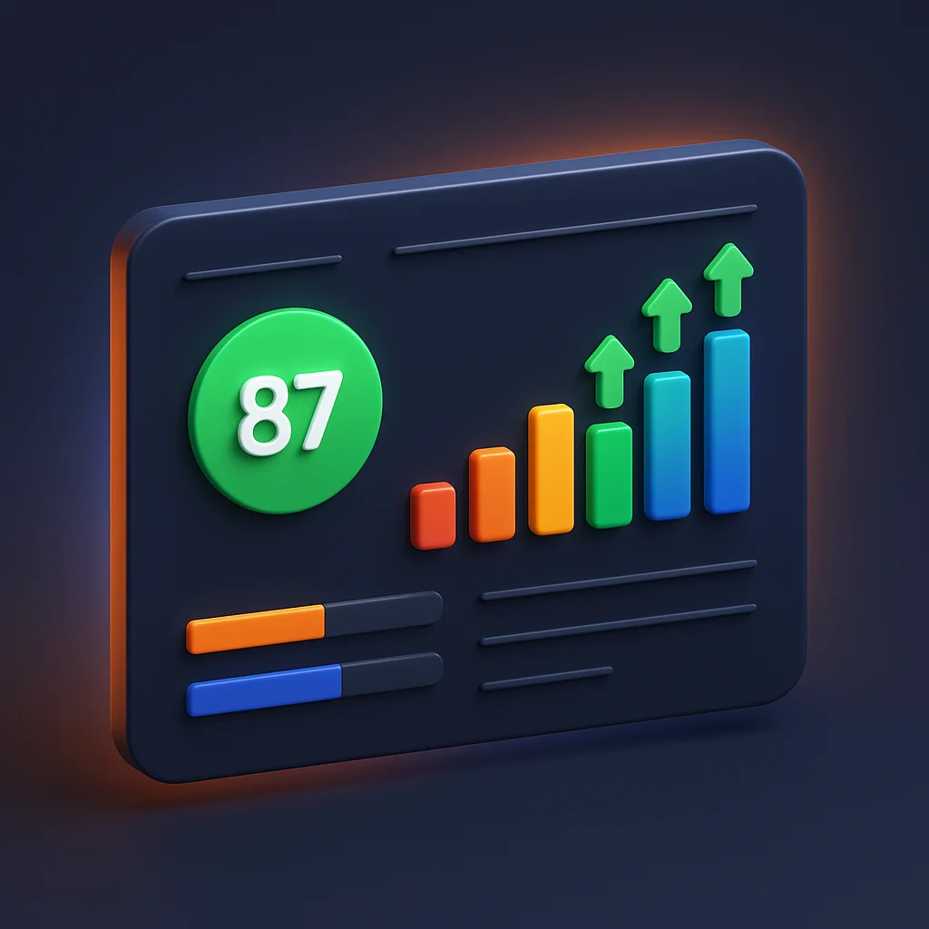 A clean concept illustration of a dashboard with rising visibility charts and score dials, without the fox.