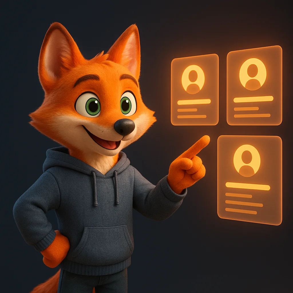 The FoxRadar fox mascot standing and pointing at floating profile cards with names and roles.