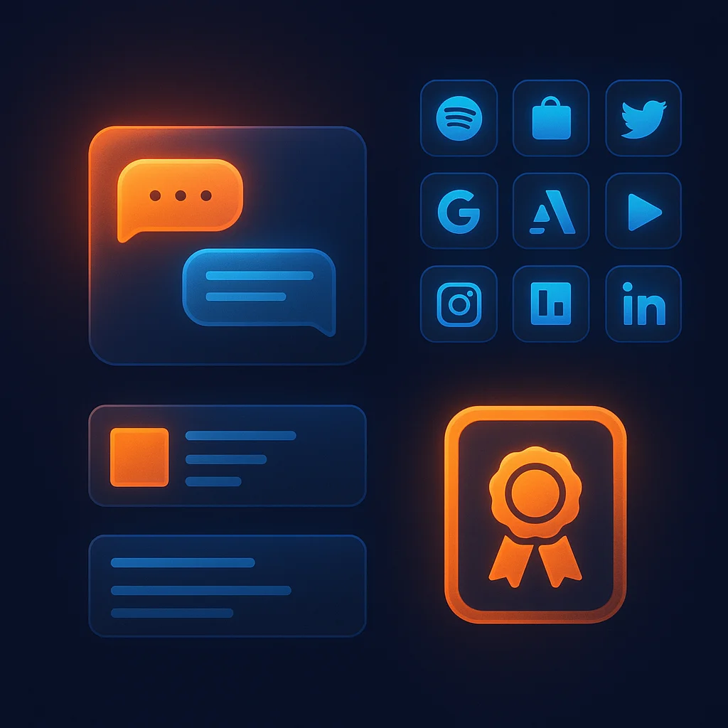 A clean concept illustration of glowing profile cards and brand icons floating on a dark background.