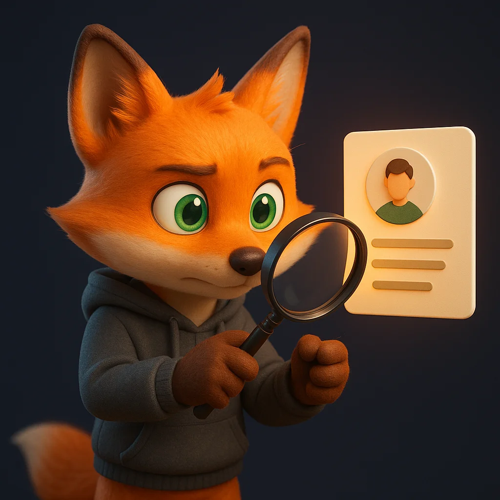 The FoxRadar fox mascot holding a magnifying glass while inspecting a staff profile card closely.