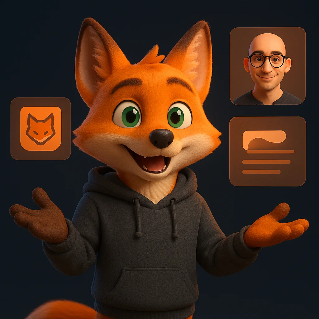 The FoxRadar fox mascot gesturing while explaining, with floating panels showing a logo, a headshot, and a short brand blurb.